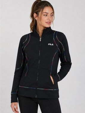 FILA Sports Jacket Medium Multicolor Stitching Thumbholes Pockets Black Zip Up